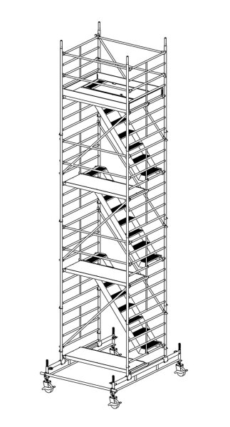 MÜBA 865m Typ 150-6-T Alu- Treppengerüst fahrbar Arbeitshöhe 865 m Gerüsthöhe 795m Standhöhe 665m Standfläche 130x180m