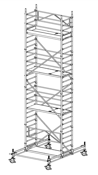 MÜBA 965m Typ 70-7-250S Alu-Fahrgerüst Arbeitshöhe 965 m Gerüsthöhe 895 m Standhöhe 765 m Standfläche 065 x 250 m